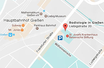 Lageplan Standort Radiologie in Gießen, Liebigstraße 20 mit Verlinkung auf die Seite Kontaktdaten